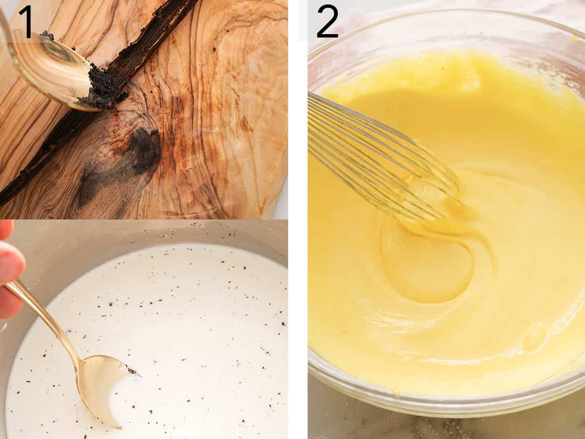 Pastry cream getting mixed with vanilla beans