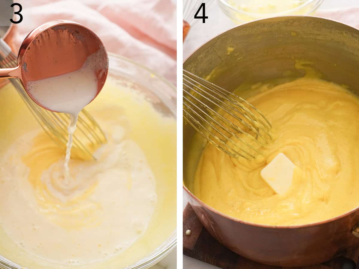 Pastry cream getting tempered with warm milk.