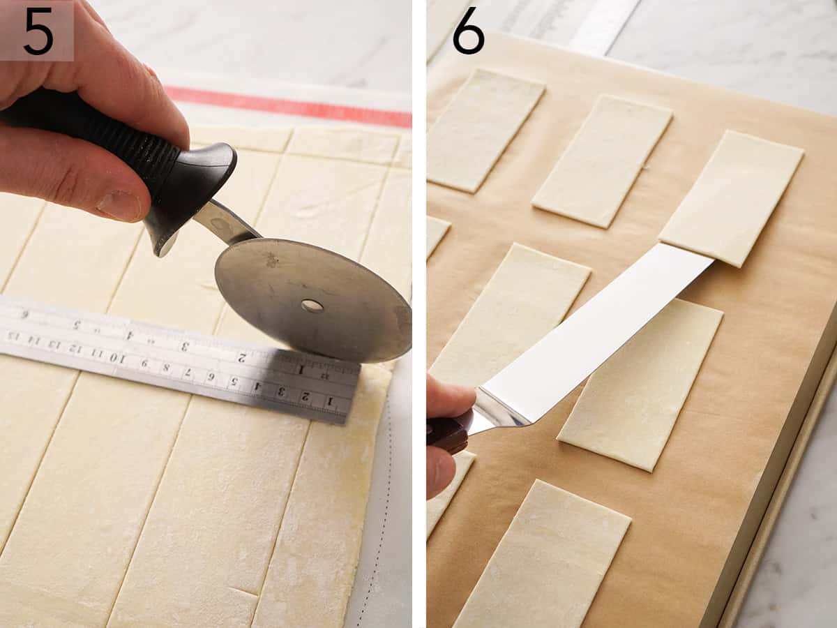 Puff pastry getting cut into rectangles.