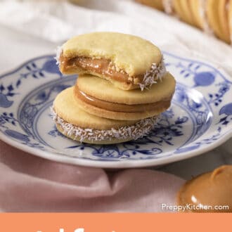 Pinterest graphic of three alfajores on a plate