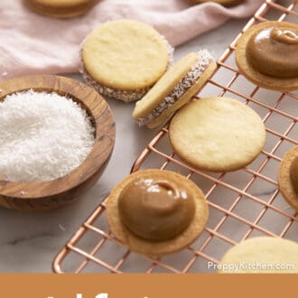 Pinterest graphic of some alfajores being assembled and some already assembled.