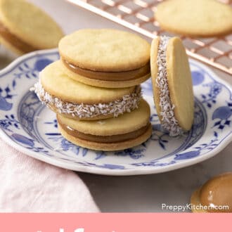 Pinterest graphic of a plate with three alfajores with one leaning on them.