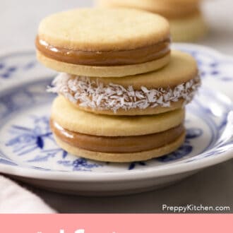 Pinterest graphic of a stack of three alfajores on a plate, the middle one has been rolled in coconut.