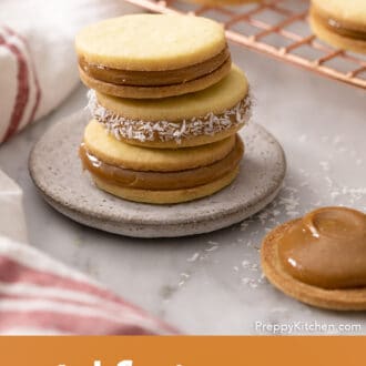 Pinterest graphic of three alfajores in a stack on a plate.