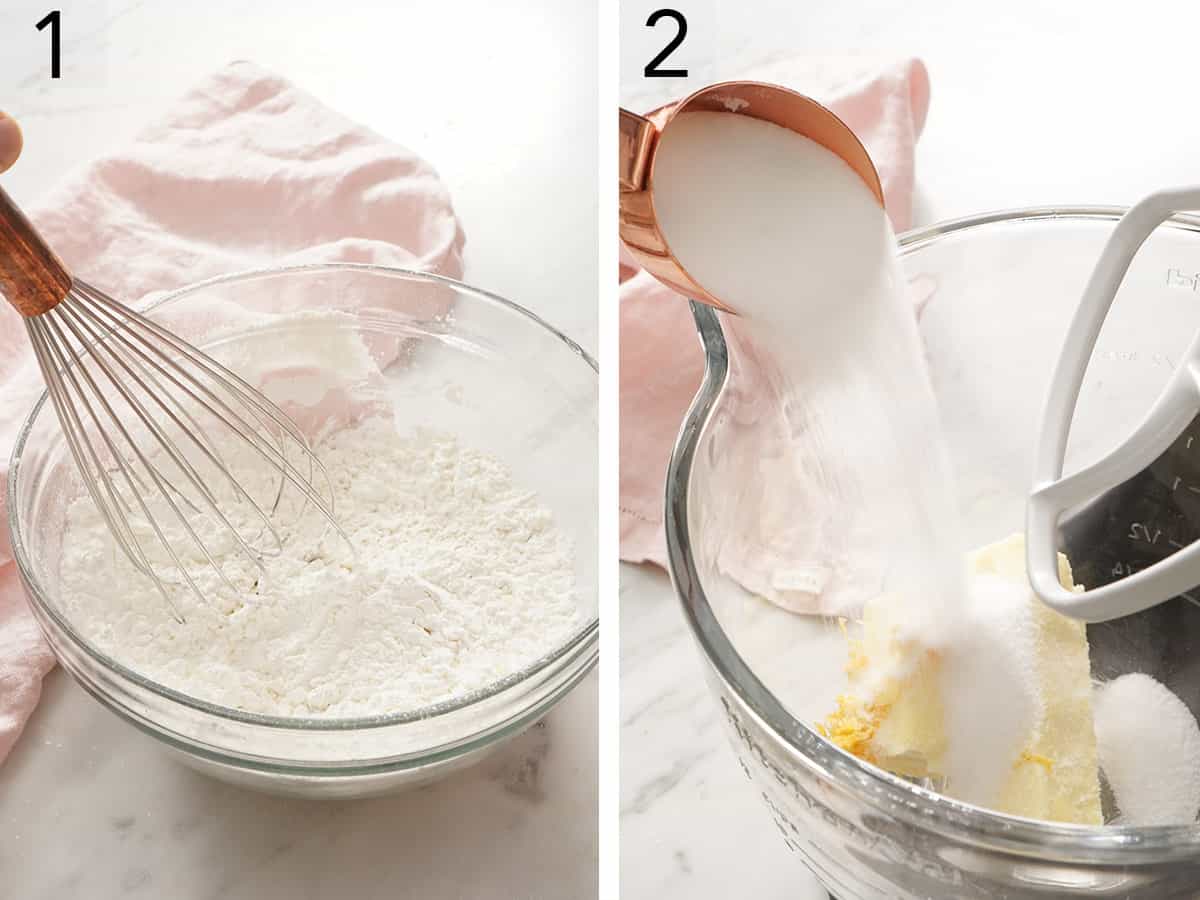 Dry ingredients whisked in a bowl and butter and sugar getting mixed to make alfajores cookies