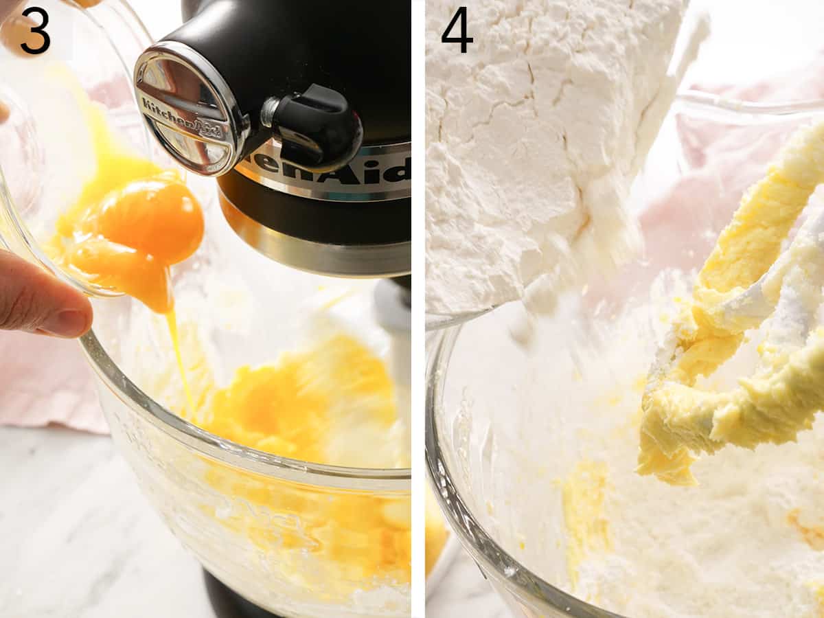 Egg yolks added to a butter sugar mixture to make alfajores cookies.