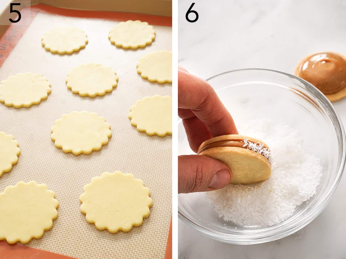 Alfajores cookies getting rolled in dried coconut.