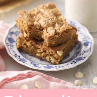 Pinterest graphic of two blondies on a blue and white plate.