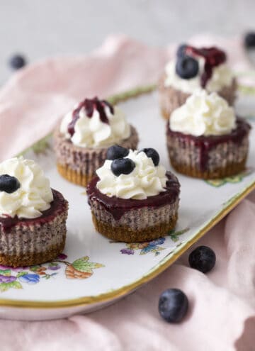 A platter of blueberry mini cheesecake.