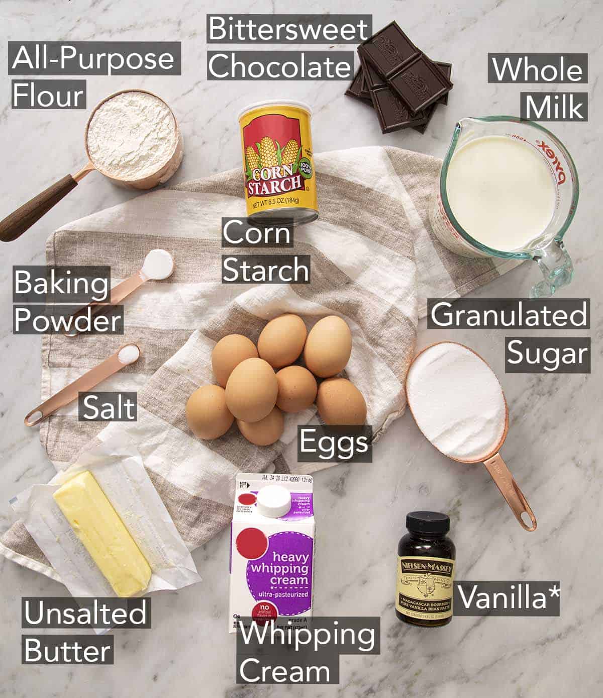 Ingredients to make Boston Cream Pie on a counter.