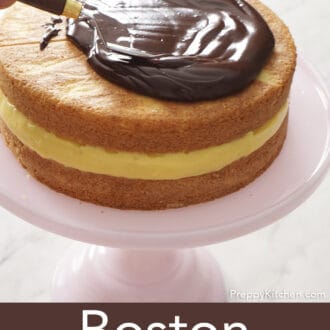 Chocolate ganache getting spread onto Boston cream pie.