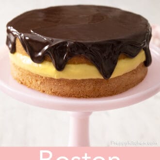 Boston cream pie covered with glossy ganache.