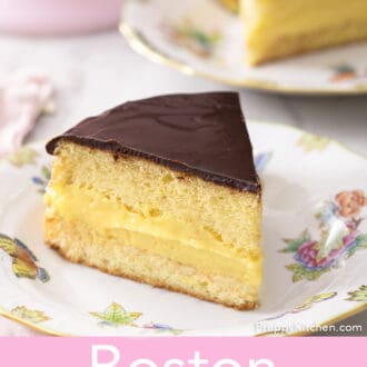 Pieces of Boston cream pie on plates.