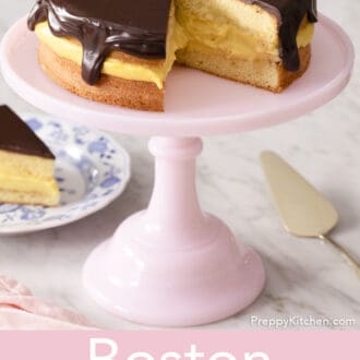 A Boston cream pie on a marble counter.
