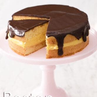Pinterest graphic of a boston cream pie on a cake stand with a slice cut and pulled out slightly.