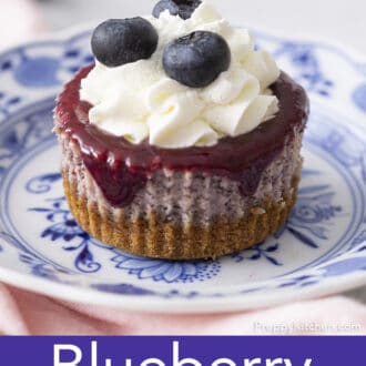 A single Mini Blueberry Cheesecake on a blue and white plate.