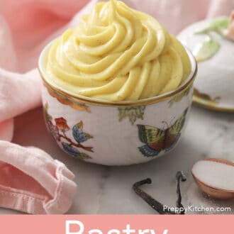 Pinterest graphic of a painted porcelain container filled with pastry cream.