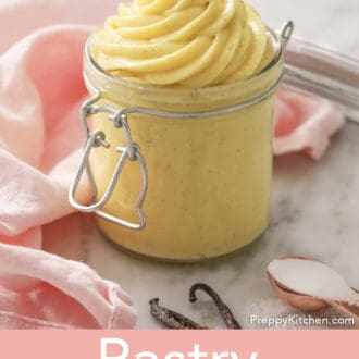 Pinterest graphic of a big swirl of pastry cream peaking out of a jar.