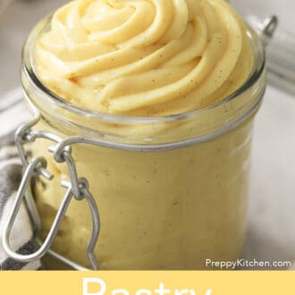 Pinterest graphic of pastry cream piped into a container.