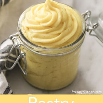 Pinterest graphic of a jar of pastry cream next to a blue and white napkin.