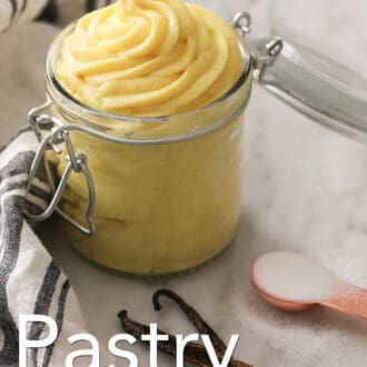 Pinterest graphic of pastry cream next to a vanilla bean and sugar.