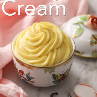 Pinterest graphic of pastry cream in a porcelain container.