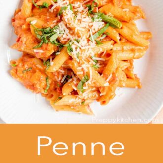 A pinterest graphic of penne alla vodka in a bowl