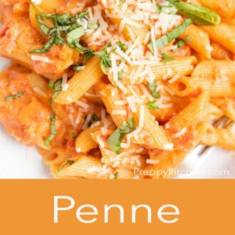 A pinterest graphic of a close up penne alla vodka