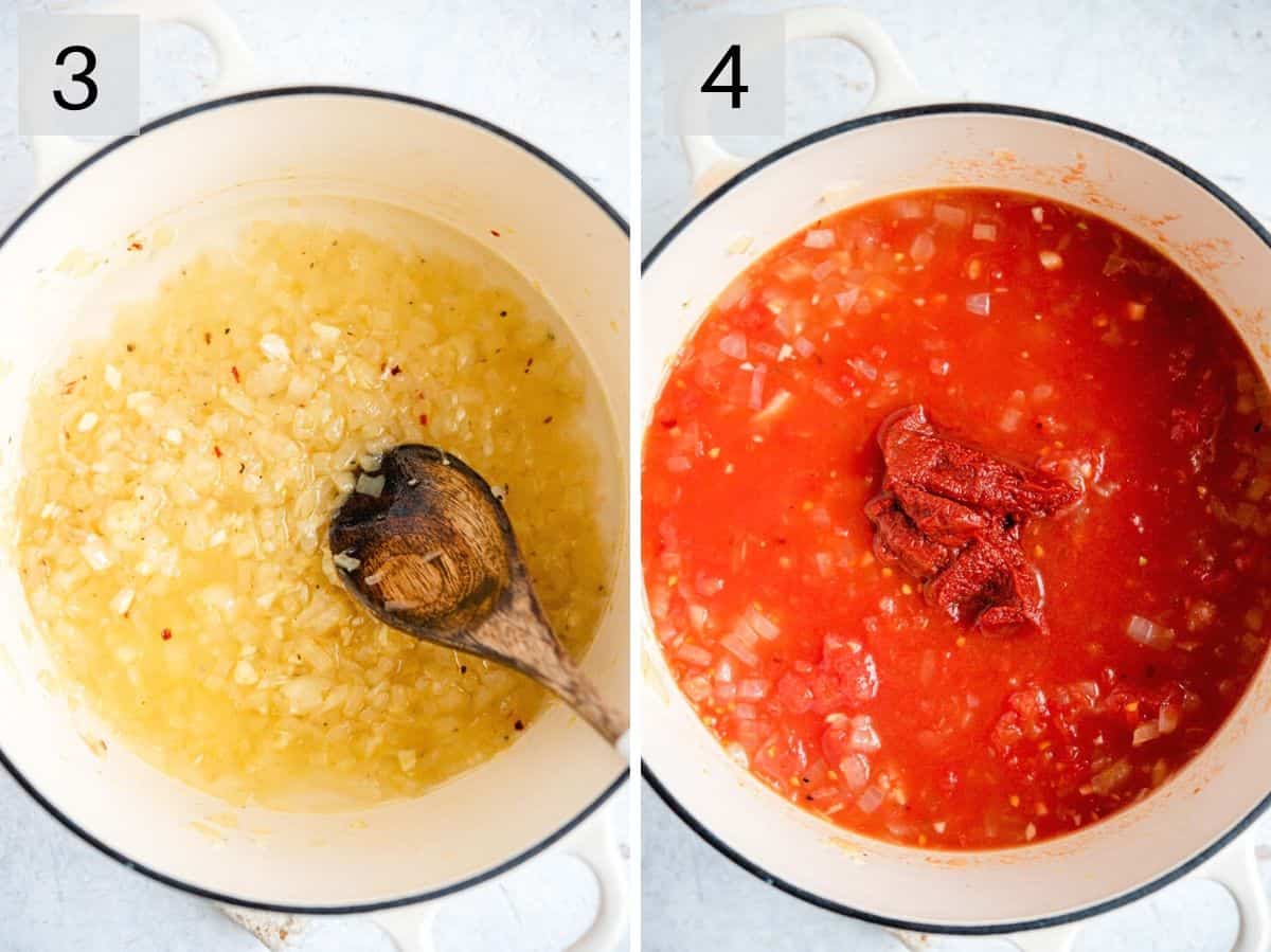 Two photos showing how to add vodka and tomatoes to make a sauce