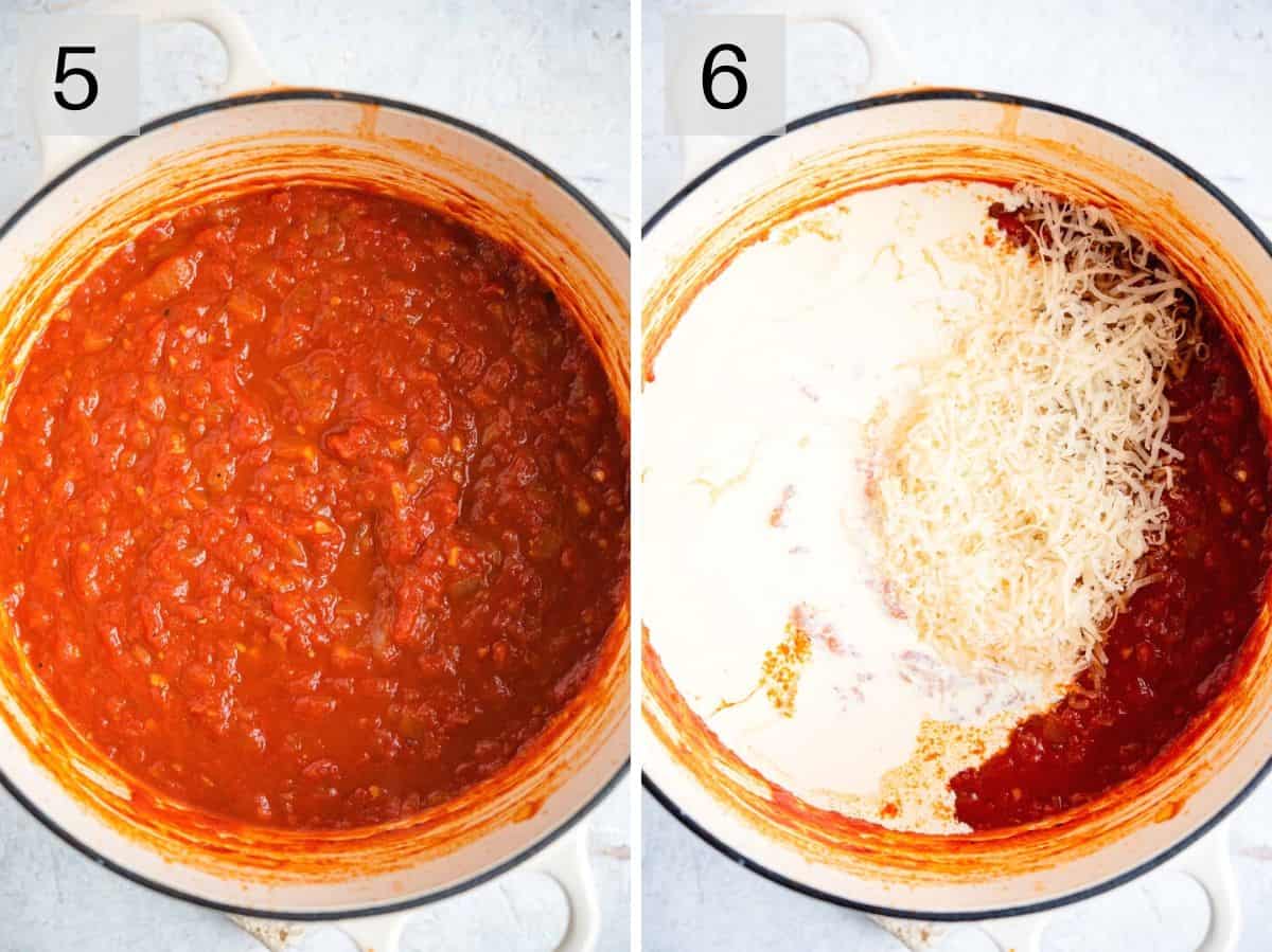 Two photos showing how to add cream into simmered tomato sauce