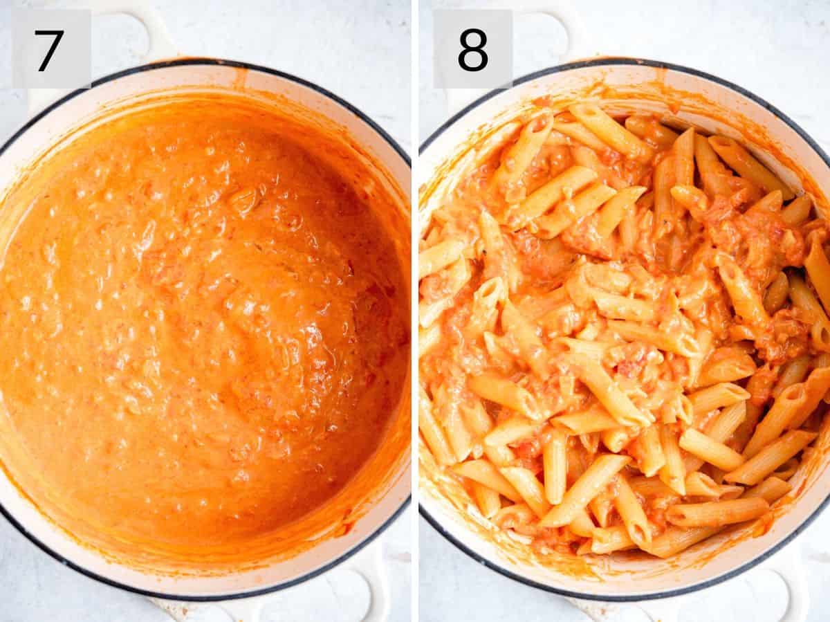 Two photos showing finished vodka sauce