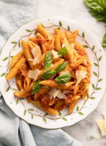 A portion of penne alla vodka on a plate.