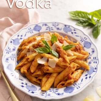 Penne alla vodka on a marble counter.