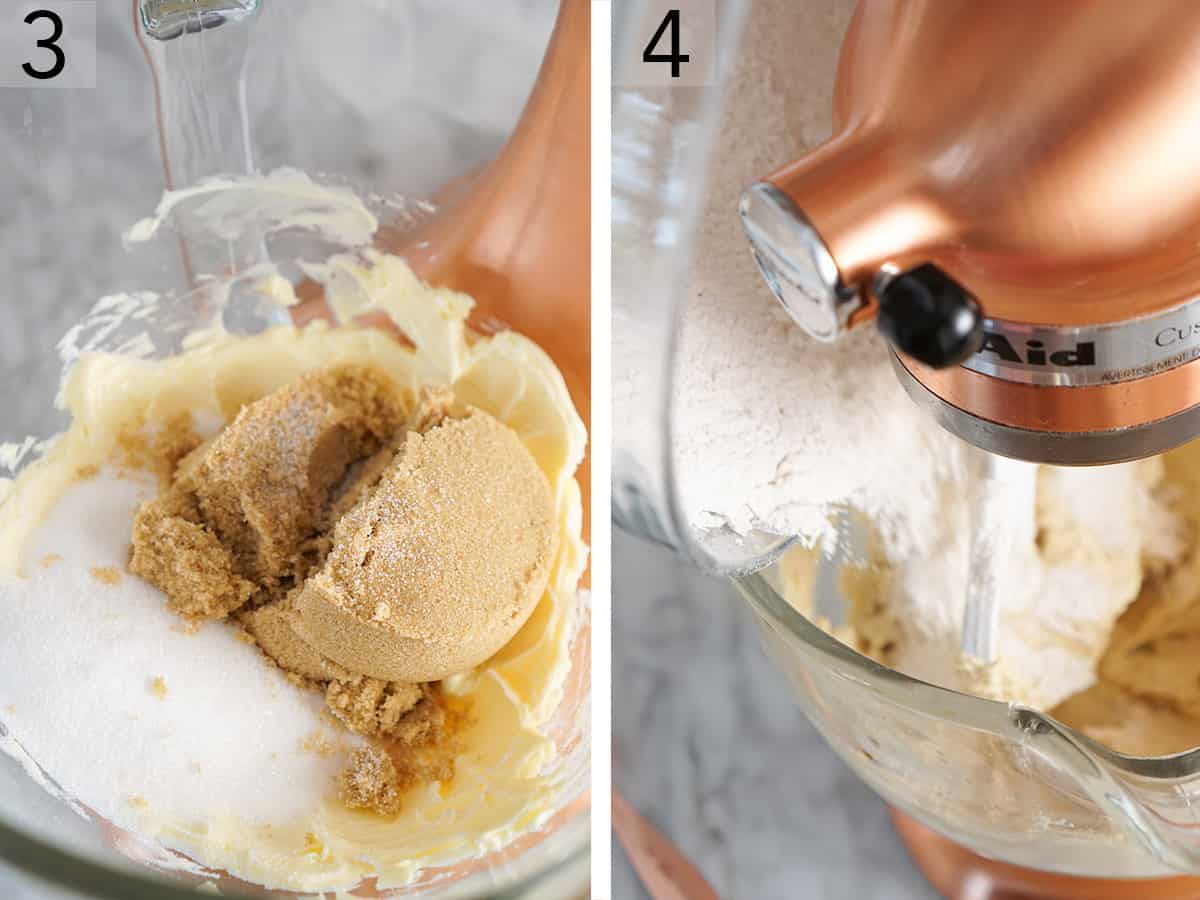 Brown and white sugar getting mixed with butter for smores cookie dough.