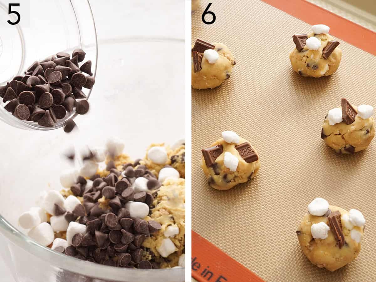 Chocolate chips and marshmallows added to cookie dough balls to make smores cookies.