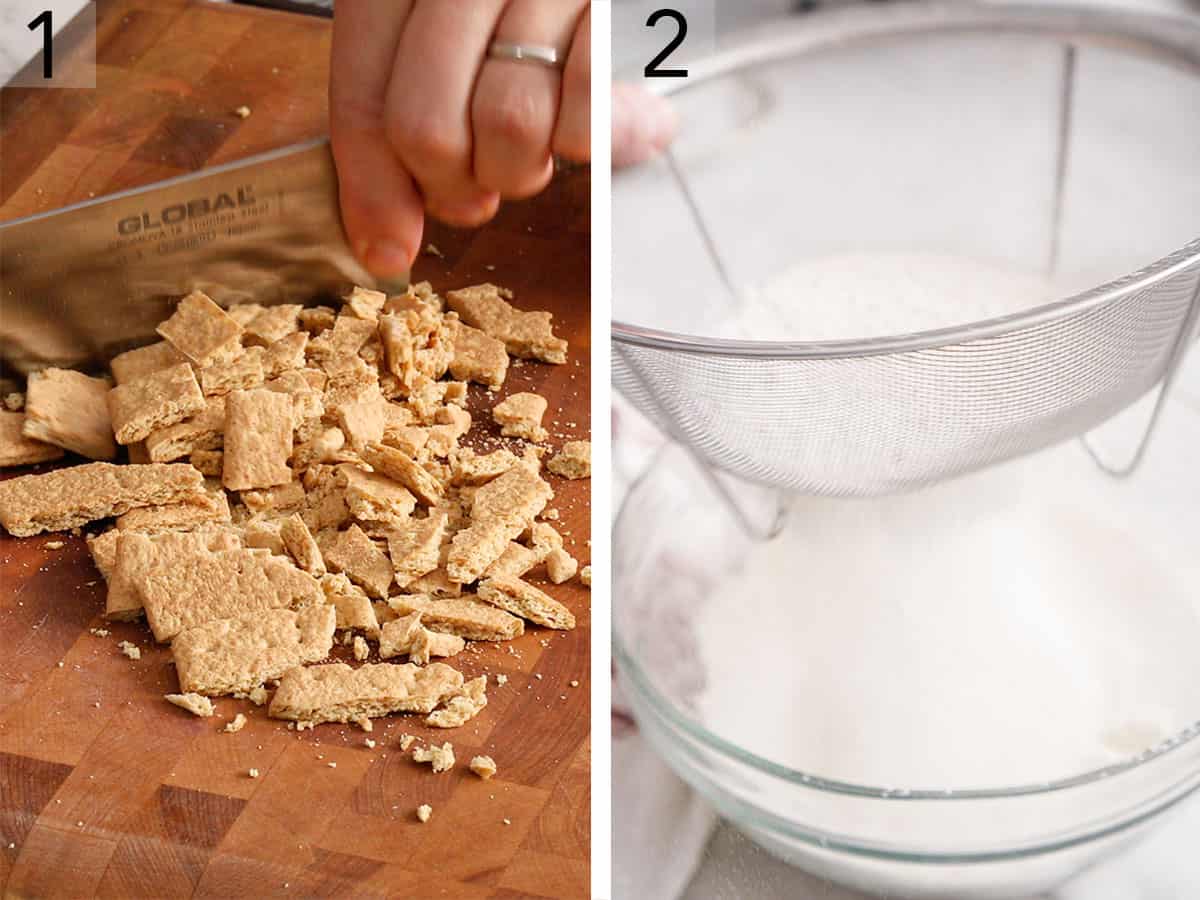 Graham crackers getting chopped to make smores cookies.