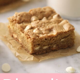 Pinterest graphic of a blondie on brown parchment paper.