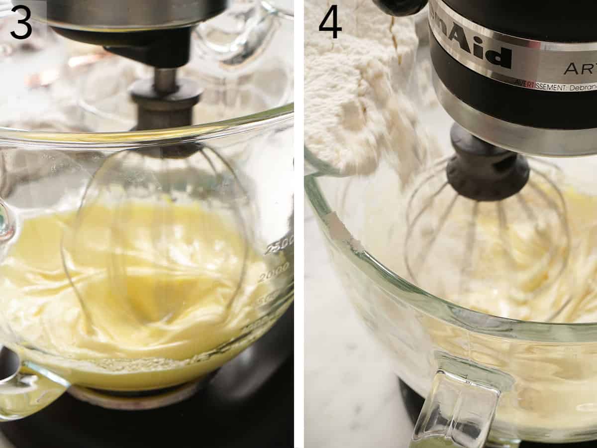 Cake batter getting mixed in a glass bowl.