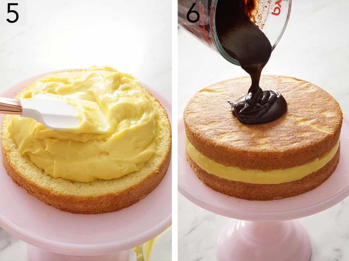 A Boston cream pie getting assembled.