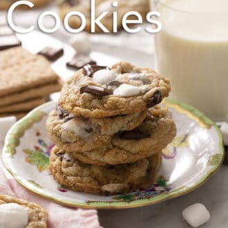 Three s'mores cookies on a porcelain plate.