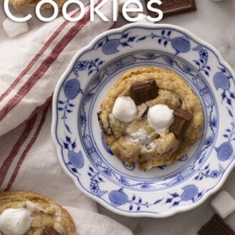 A s'mores cookie on a blue and white plate.