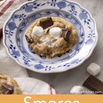 A s'mores cookie on a blue and white plate.