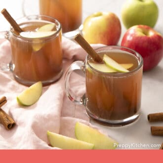 Pinterest graphic of glasses of apple cider garnished with apple slices and cinnamon sticks.