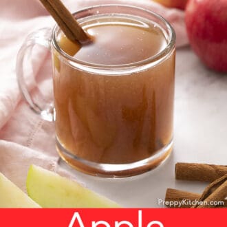 Pinterest graphic of apple cider in a glass mug.