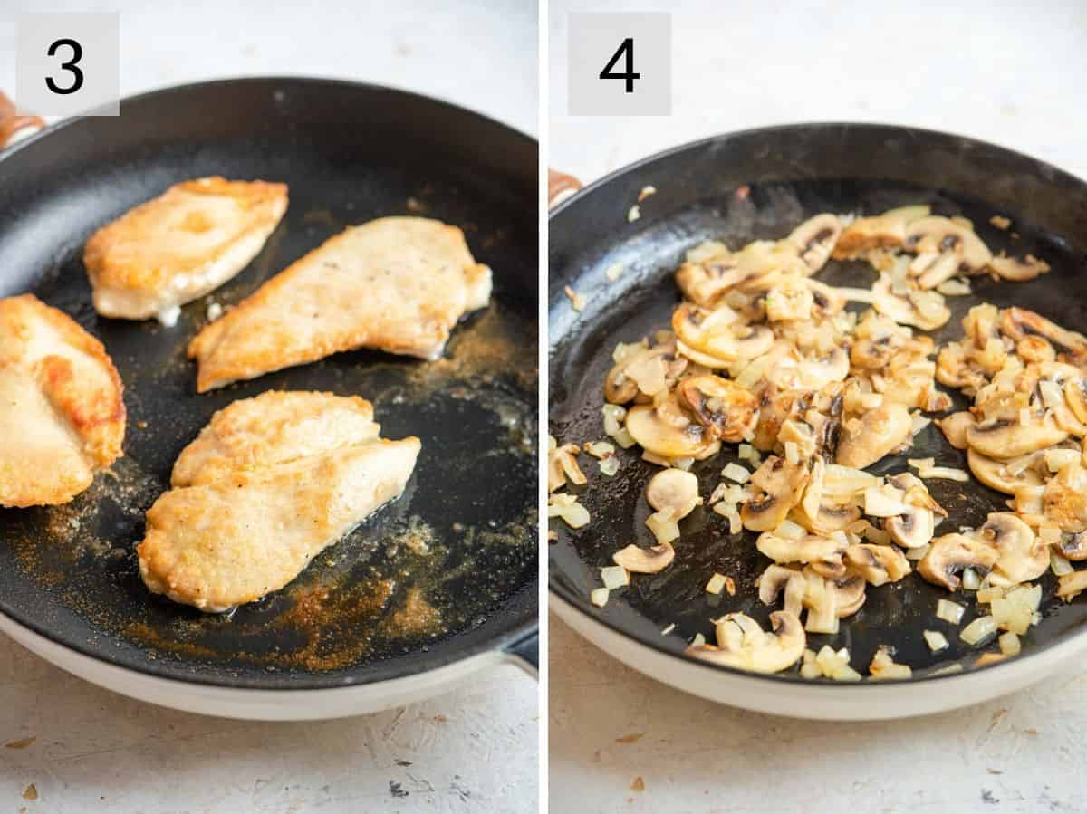 Two photos showing how to brown chicken and saute onions and mushrooms
