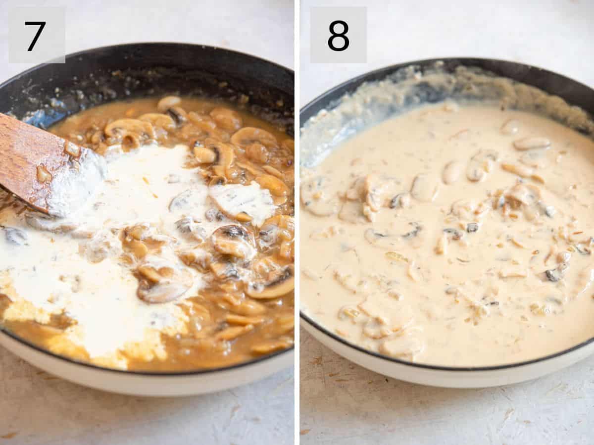Two photos showing how to make a thick and creamy sauce with mushrooms and marsala