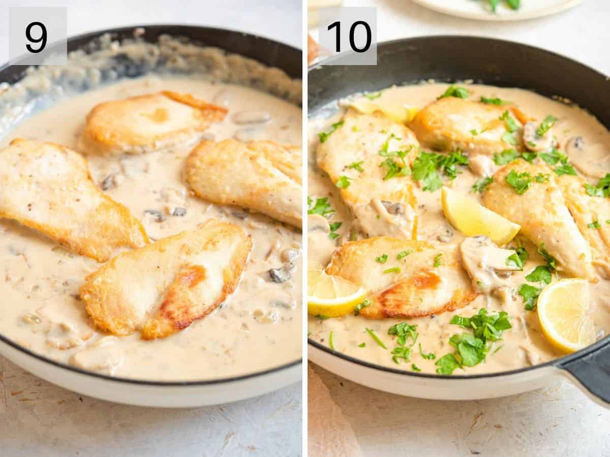 Two photos showing what cooked chicken marsala should look like