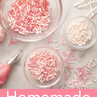 Pink homemade sprinkles on glass bowls.