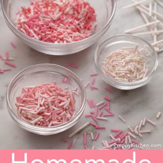 Three glass bowls filled with homemade sprinkles.