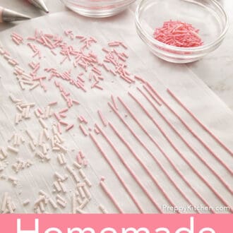 Piped homemade sprinkles halfway through getting chopped.